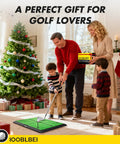 Family using Portable Golf Hitting Mat With Real Time Swing Path Feedback, 16 by 12 inch practice turf by a Christmas tree
