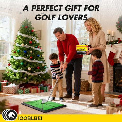 Family using Portable Golf Hitting Mat With Real Time Swing Path Feedback, 16 by 12 inch practice turf by a Christmas tree