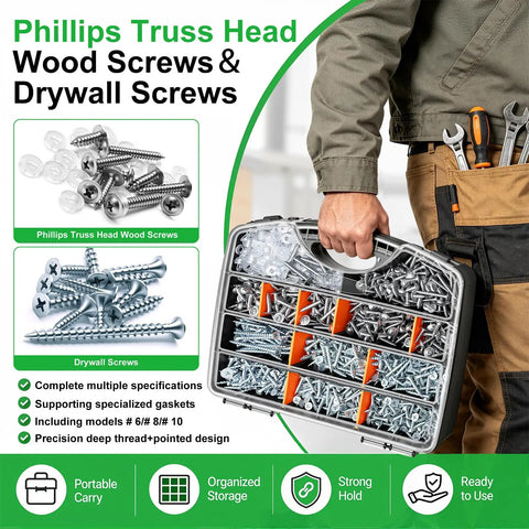 1310 Piece Magnetic 410 Stainless Wood And Drywall Screws Set With Phillips Truss Head For Size 8 And 10 Anti Corrosion High Strength Long Lasting Pro Grade For Woodworking And Home Reno, organized case