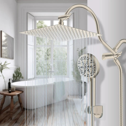 12 Inch All Metal Shower Head System With CUPC Certified High Pressure Rainfall in bathroom with brushed nickel finish