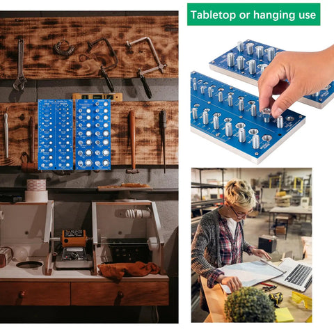 2 In 1 Thread Checker And Nut Bolt Identifier Gauge Set With 40 Sizes in Hardened Steel Blue 2 Piece Kit shown in use and storage.