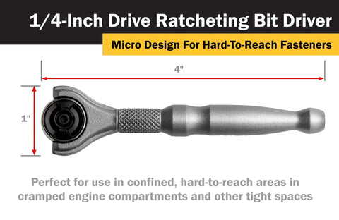 Compact 1/4-Inch Drive 4-Inch Swivel Head Micro Ratcheting Bit Driver With 90-Tooth Reversible Mechanism For Tight Spots, Chrome Vanadium Alloy, Silver Finish, shown with size dimensions.