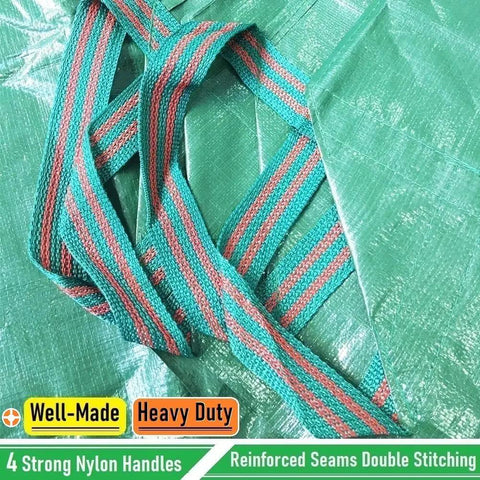 Close-up of green waterproof tarp with four strong nylon handles, showcasing double stitching; 7x7 Foot Waterproof Leaf Tarp With Four Handles For Yard Cleanup And Outdoor Projects Sandbox Cover Camping Mat Patio Table Protector Lawn Debris Haul Garden Pruning And Rugged Gear Storage.