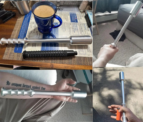 Collage of Aircraft Grade Aluminum Tire Thumper 6061 Heavy Duty Tire Checker With Solid Machined Construction And Non Slip Grip Fifteen And Three Quarters Inch Length One Point Seven Five Inch Diameter Lightweight One Lb Eleven Oz Built For Truckers shown in various settings.