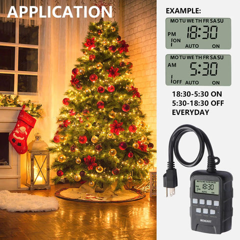 Tough As Nails Outdoor Digital Timer Dual Outlet Weatherproof controller beside Christmas tree for garden lights.
