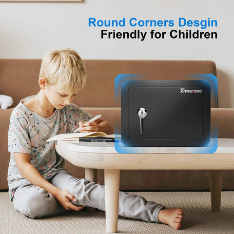 Compact Mini Safe Box For Home And Dorms With Key Lock next to child, ideal for securing valuables, black, 0.23 cubic feet, kid-friendly design.