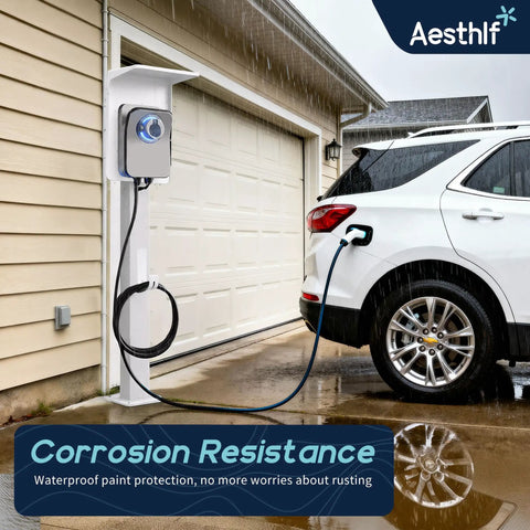 Outdoor EV Charger Pedestal Stand For Tesla And J1772 Type 2 Chargers Built Tough Weatherproof And Corrosion Resistant next to SUV