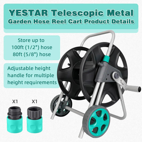 Garden Hose Reel Cart With Wheels For Outdoor Watering Holds Up To Eighty Feet Of Five Eighth Inch Hose Or One Hundred Feet Of Half Inch Hose Durable Iron Frame With Aluminum Accessories Rust Resistant Easy Roll Cart For Yard And Lawn