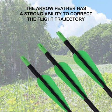 60 Pack 3 Inch TPU Plastic Arrow Fletchings Vanes for DIY Archery Bow shown with green vanes and background forest.