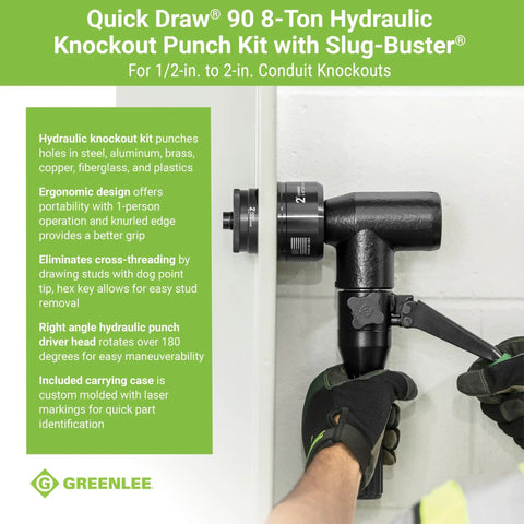 Heavy Duty Hydraulic Knockout Kit With Quick Draw Driver for 0.5 to 2 inch holes in use on metal surface