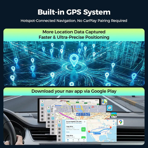 11 Inch AI CarPlay Screen With Gemini AI And Google Play Apps And Wireless Android Auto GPS navigation interface, digital map display.