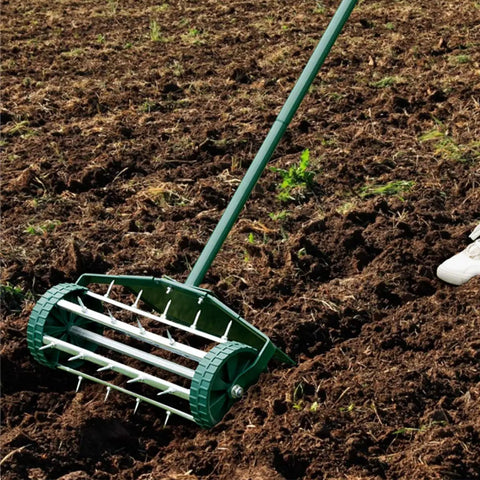 Rolling Lawn Aerator 18 Inch Garden Yard Rotary Push Tine Heavy Duty Spike Soil Aeration Manual Lawn Aeration Tool With 41 Inch Handle for aerating soil