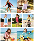 Girls Rash Guard Zip Up Long Sleeve UPF 50 Plus Sun Protection Shirt Quick Dry Breathable Athletic Top Loose Fit Soft Polyester For Beach Pool Surf Pink White in various activities like surfing, biking, and kayaking.