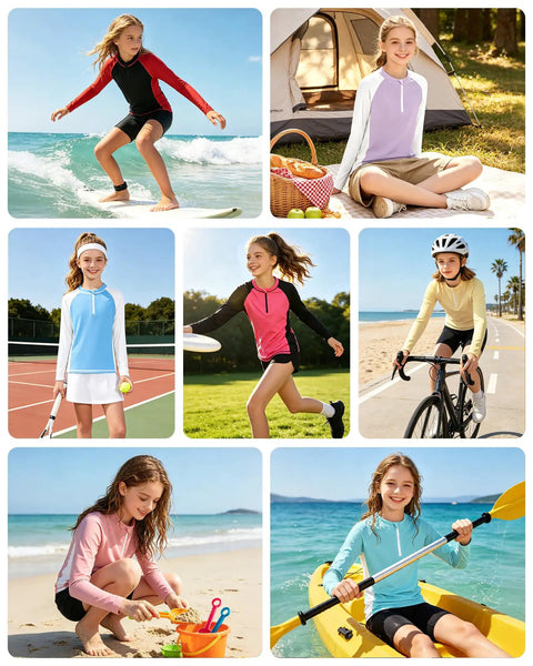 Girls Rash Guard Zip Up Long Sleeve UPF 50 Plus Sun Protection Shirt Quick Dry Breathable Athletic Top Loose Fit Soft Polyester For Beach Pool Surf Pink White in various activities like surfing, biking, and kayaking.