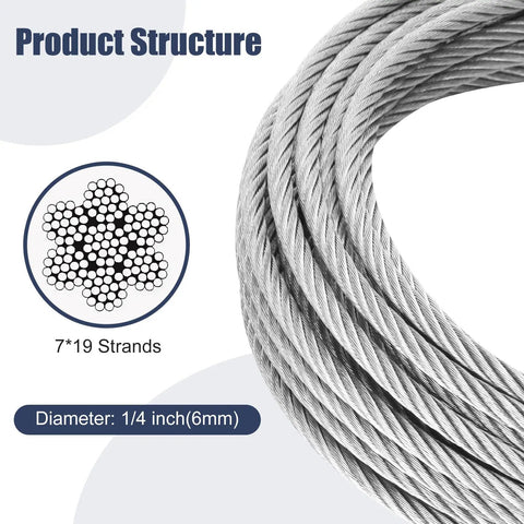 Heavy Duty Quarter Inch Stainless Steel Cable 25 Ft Wire Rope With 7x19 Aircraft Cable Construction 6400 Lbs Breaking