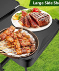 Portable Indoor Grill Table Stand For Ninja Woodfire OG701 OG850 OG951 Series with large side shelf holding grilled meat skewers.