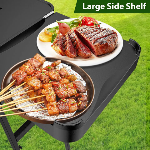 Portable Indoor Grill Table Stand For Ninja Woodfire OG701 OG850 OG951 Series with large side shelf holding grilled meat skewers.
