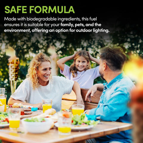 Family enjoying outdoor gathering with Citronella Torch Fuel With Clean Burning Biodegradable Formula And Extended Burn Time