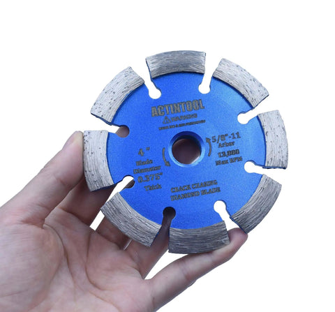 4 Inch Diamond Crack Chaser Grinding Wheel With 0.375 Inch Thick Segments For Concrete Crack Repair And Mortar Joint Raking 5 By 11 Arbor Tuckpointing Tool For Masonry Surfaces in hand