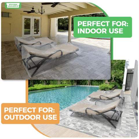 2 Pack Waterproof Outdoor Chaise Lounge Covers For Patio Furniture Heavy Duty Clear Plastic Protectors covering lounge chairs indoors and outdoors
