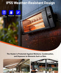 Portable Infrared Space Heater For Indoor And Outdoor Use With Remote Control Perfect For Patio Garage Deck And Hangout Spots In Commercial Or Residential Settings Weatherproof IP55 Rated Quiet Efficient shown mounted on a wall with raindrops.