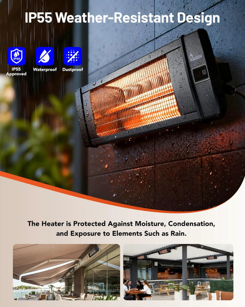 Portable Infrared Space Heater For Indoor And Outdoor Use With Remote Control Perfect For Patio Garage Deck And Hangout Spots In Commercial Or Residential Settings Weatherproof IP55 Rated Quiet Efficient shown mounted on a wall with raindrops.