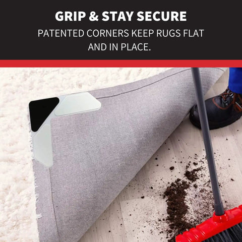 Rug Corner Grippers Four Pack That Keeps Rugs Flat And In Place, showing pad on rug corner with easy lift design, no curling
