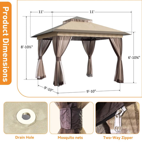 Dope Pop Up Gazebo Tent 11x11 Outdoor Canopy With Double Vent Roof, Waterproof UV Protection, Mosquito Netting shown in detail.