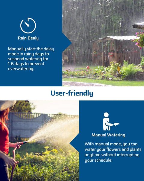 4 Zone Sprinkler Timer For Garden Hose With Rain Delay Manual Auto Irrigation Programmable Outdoor Faucet For Yard And Lawn With 3.4 Inch LCD Display And Easy To Use Interface showing rain delay and manual watering functions