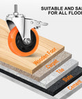 Heavy Duty Stem Casters Swivel Wheels With Threaded Stem Three Eighths Inch By Sixteen Threads By One Inch Thread Dual Locking Brakes Set Of Four For Industrial Machines Tools And Heavy Equipment Mobile Caster Kit on wooden and tile floors.