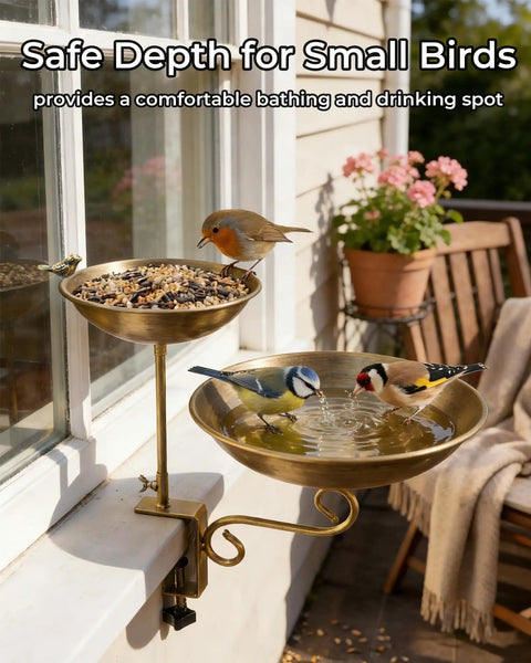 Dual Tier Deck Mounted Bird Bath With Grip Guard Railing Clamp And Seed Feeder For Balconies Apartments And Patios Hustle Free Setup with small birds bathing.
