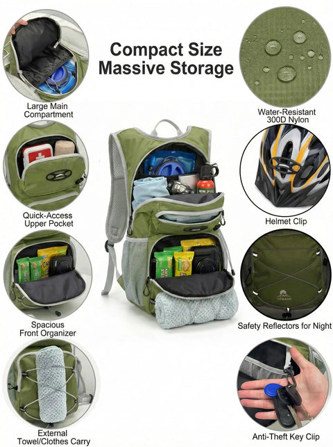 2L Hydration Pack With Zipper Phone Pocket On Shoulder Strap, Lightweight Daypack with various compartments and helmet clip