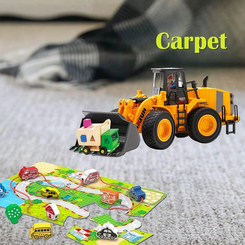 Large Wheeled Loader Heavy Duty Construction Metal Bulldozer Toy for Kids on carpet with colorful play mat in focus