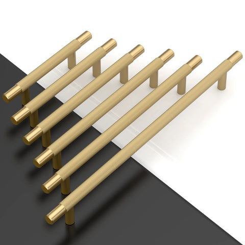 Champagne Bronze Cabinet Pulls 10 Pack 5 Inch Center To Center Knurled Kitchen Cabinet Handles displayed on black and white surface.