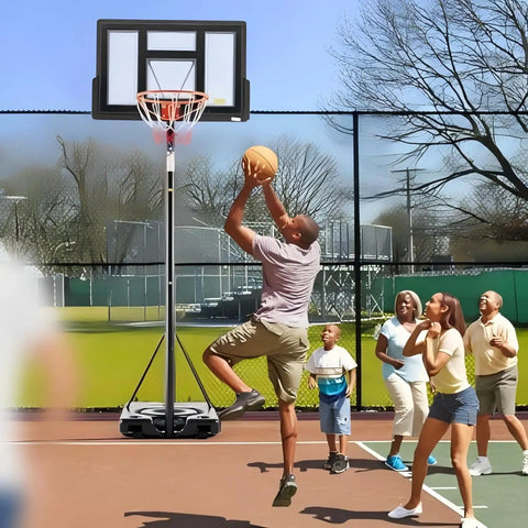 Man playing basketball with Backyard Portable Adjustable Basketball Hoop System for Indoor Outdoor Play, 44 Inch Backboard