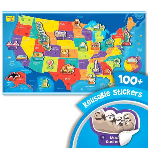 USA Map With Reusable Stickers Wall Chart For Kids, 100 Plus Jelly Stickers, Fun Geography Games And Learning Toy For Ages 5 Through 12