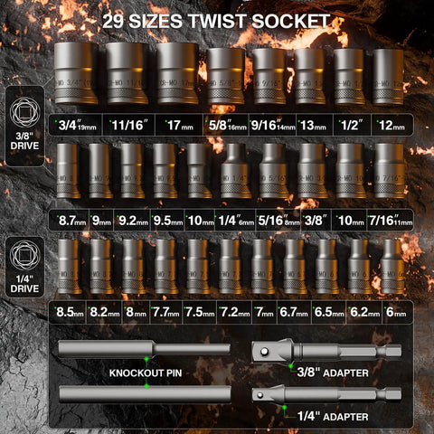 29 sizes twist socket set from Slim Profile 33-Piece Deep Well Bolt Extractor Kit With Three Eighths And One Quarter Inch Drive For Removing Damaged Frozen Rusted Rounded Off Bolts Nuts And Screws In Tight Spots, Heavy Duty Cr-Mo Steel Construction displayed on textured background.