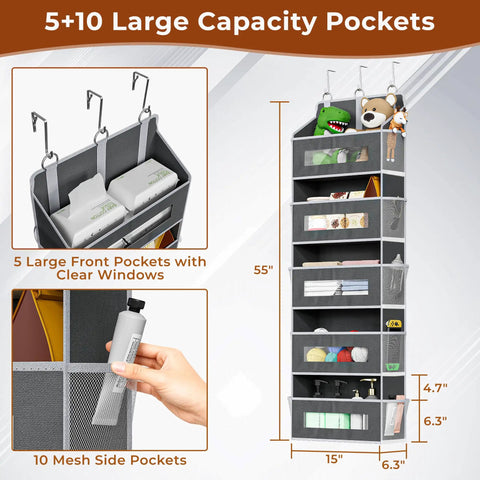 Top Shelf 2 Pack 5 Tier Over The Door Organizer For Bathroom Bedroom And Pantry Storage In Grey With Heavy Duty Tear Resistant Fabric Pockets For Tiny Spaces And Zero Drama Hanging