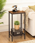 Built Tough Industrial Tall Side Table Featuring Adjustable Mesh Shelves And Rugged Steel Frame Works Like A Charm As A Tall Nightstand For Your Rustic Brown Living Room Setup, showcasing a black phone and potted plant.