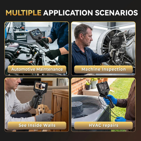 4 Way Articulating Borescope With Light, 5 Inch HD Endoscope Camera With 6 Adjustable LEDs, 5 Foot Flexible Probe For Automotive Engine Inspections And Hard To Reach Areas used for automotive, machine, wall, and HVAC inspection