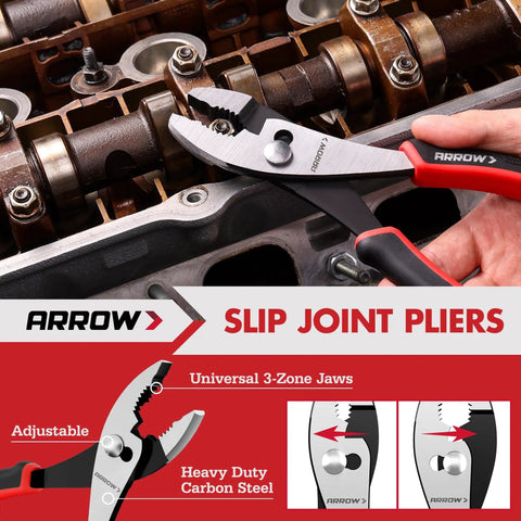 Four Piece Pliers Set With 8 Inch Diagonal Nose Pliers, Long Nose, Slip Joint, And 10 Inch Groove Joint Pliers, Carbon Steel Construction, Precision Forged Edges, Ergonomic Anti Slip Handles For DIY Home Repairs And Everyday Fixes showing slip joint pliers in use.