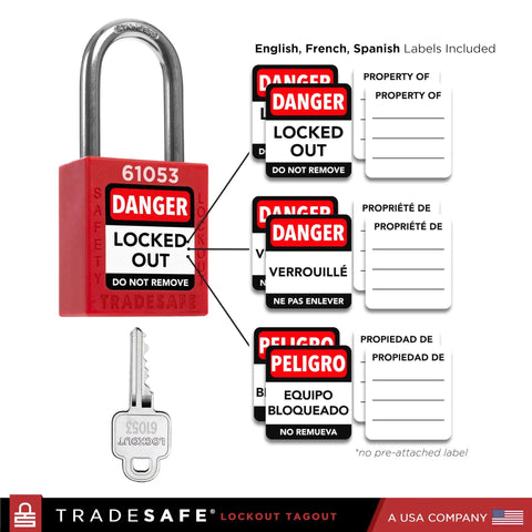 Red padlock with labels in English, French, Spanish from Electrical Lockout Tagout Kit For Circuit Breakers Ready To Roll 120 277V To 480 600V With Hasps Tags And Carrying Bag OSHA Compliant LOTO Set Includes 25 Devices Keyed Different Locks For Hazardous Energy Control.