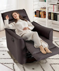 Woman relaxing in Soft Back Swivel Rocker Recliner Glider Chair For Living Room And Nursery, 360 Degree Spin, dark brown Leathaire