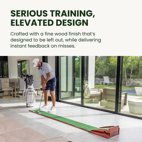 Man putting on 9 Foot 6 Inch Putting Mat With Automatic Ball Return For Indoor Use Two Hole Putting Green Designed For Home And Office