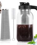 64 Oz Cold Brew Pitcher With Stainless Steel Filter And V Shaped Pour Spout, Beefy Glass Mason Jar With Lid And Cleaning Brush, Easy Grip Handle
