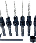 Six Piece Countersink Drill Bit Set For Wood With Depth Stop Collar And Hex Wrench Tapered Four Flute Countersink Bits