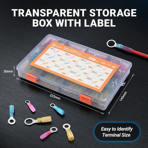 Marine Grade Heat Shrink Ring Terminal Kit with 300 pcs case, labeled transparent storage shown with connectors displayed
