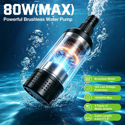 Heavy Duty 1000 GPH Submersible Water Pump Featuring Brushless Motor And 15V Low Voltage Protection For Ryobi 18V Batteries, in water.