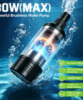 Kickass Cordless Submersible Water Pump With 1000GPH Brushless High Flow And 14.8 Ft Cable submerged in water.