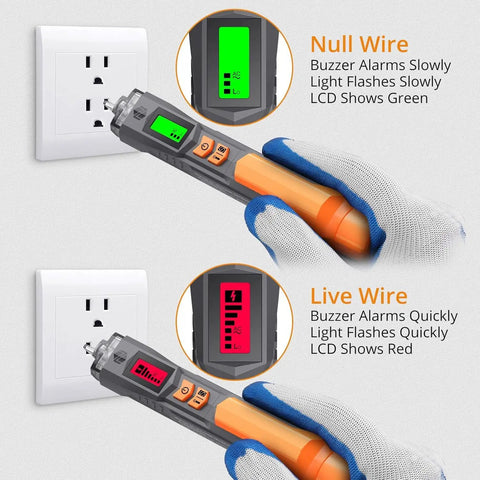 Gloved hands using Non Contact AC Voltage Tester For DIYers With Adjustable Sensitivity 12-1000V And 48-1000V LCD Display Buzzer Alarm